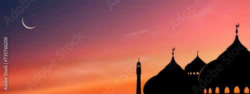 Islamic Background,Dome Mosques,Crescent Moon,Starry on Dark Blue Sky Background,Vetor symbol islamic religion with twilight sky,Banner Eid al Adha,Eid al fitr,Mubarak,New year Muharram,Ramadan Kareem