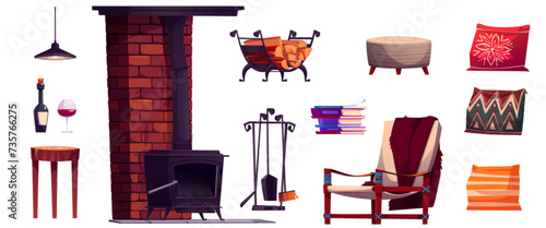 Chalet interior design elements set isolated on white background. Vector cartoon illustration of fireplace, stack of books, wine bottle and glass on table, armchair, scandinavian style cushions