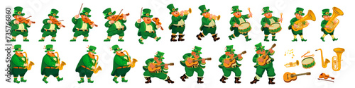 Set of funny musicians in leprechaun costumes. People and Musical Instruments. Cartoon characters are isolated on white. Illustration for St. Patrick's Day, an Irish holiday. Vector.