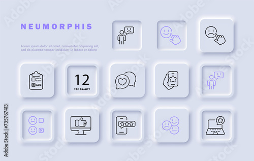 Dating apps set line icon. Smartphone, star, coincidence of interests, laptop, assessment, emotions. Neomorphism style. Vector line icon for business and advertising © Кирилл Макаров