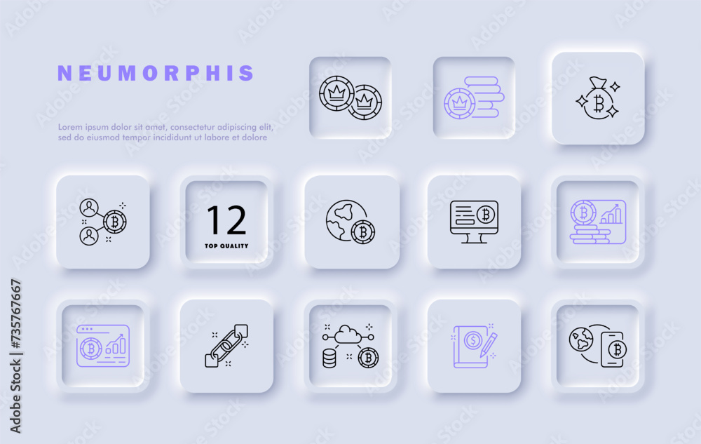 Bitcoin set line icon. Cryptocurrency, blockchain, translation, exchange rate, dollar, trading, earnings. Neomorphism style. Vector line icon for business and advertising Bitcoin set line icon. Cryptocurrency, blockchain, translation, exchange rate, dollar, trading, earnings. Neomorphism style. Vector line icon for business and advertising