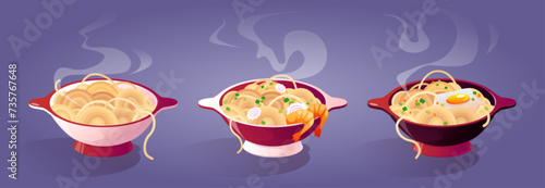 Hot ready to eat noodle with additions and steam in red bowl. Cartoon vector illustration set of cooked delicious traditional oriental food for lunch with spices, shrimp, fried egg and sausage. © klyaksun