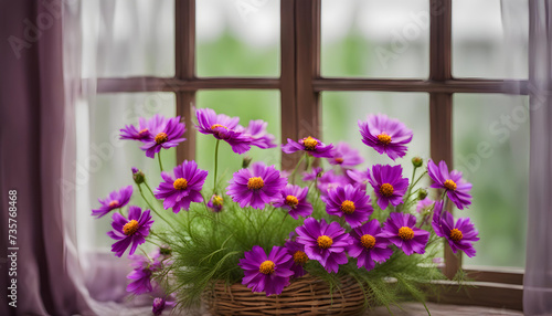 Bouquet purple Coreopsis flowers in wicker basket near window.