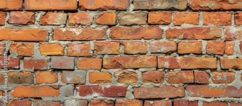 A detailed view of a brown brick wall showcasing the rectangular shape of each brick  held together by mortar. This composite building material is commonly used in stone walls.
