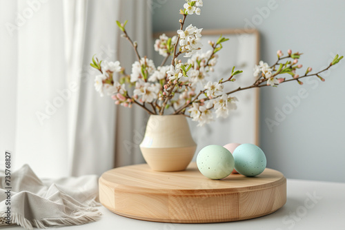  Happy Easter   round wooden podium for product presentation. Spring flowers in a vase  easter eggs.