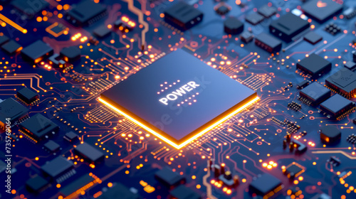 On top of a sophisticated chip, there is a hologram consisting of 5 letters "POWER", Unreal Engine rendering, depth of field effect, 3D