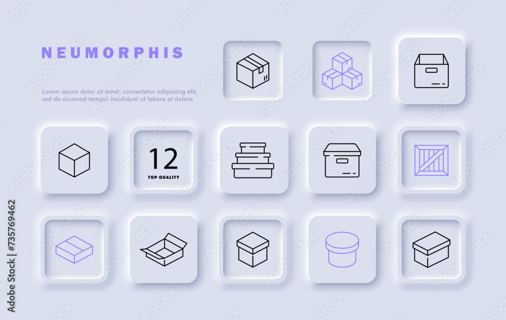 Boxes set line icon. Speed, delivery, calendar, online purchase, goods, delivery person, application. Neomorphism style. Vector line icon for business and advertising Boxes set line icon. Speed, delivery, calendar, online purchase, goods, delivery person, application. Neomorphism style. Vector line icon for business and advertising