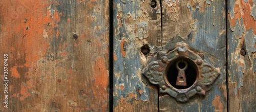 A detailed shot of a weathered wooden door showcasing intricate patterns and a metal keyhole.