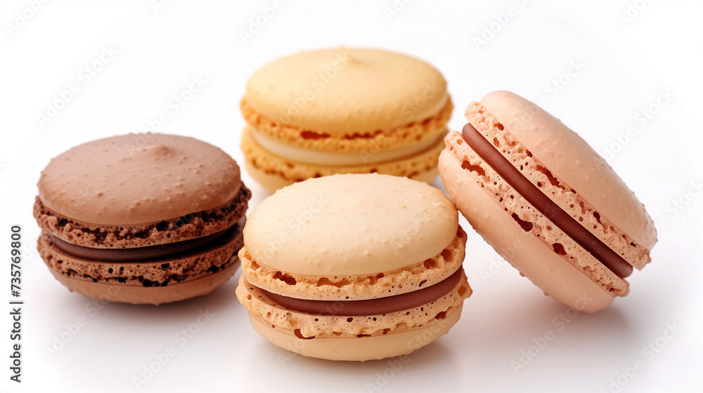 Beige monochrome background with balanced macaroons. Macarons french pastries. Isolated white macarons collection. Vanilla or coconut macaroon at different angles isolated on white background. Beige monochrome background with balanced macaroons. Macarons french pastries. Isolated white macarons collection. Vanilla or coconut macaroon at different angles isolated on white background.
