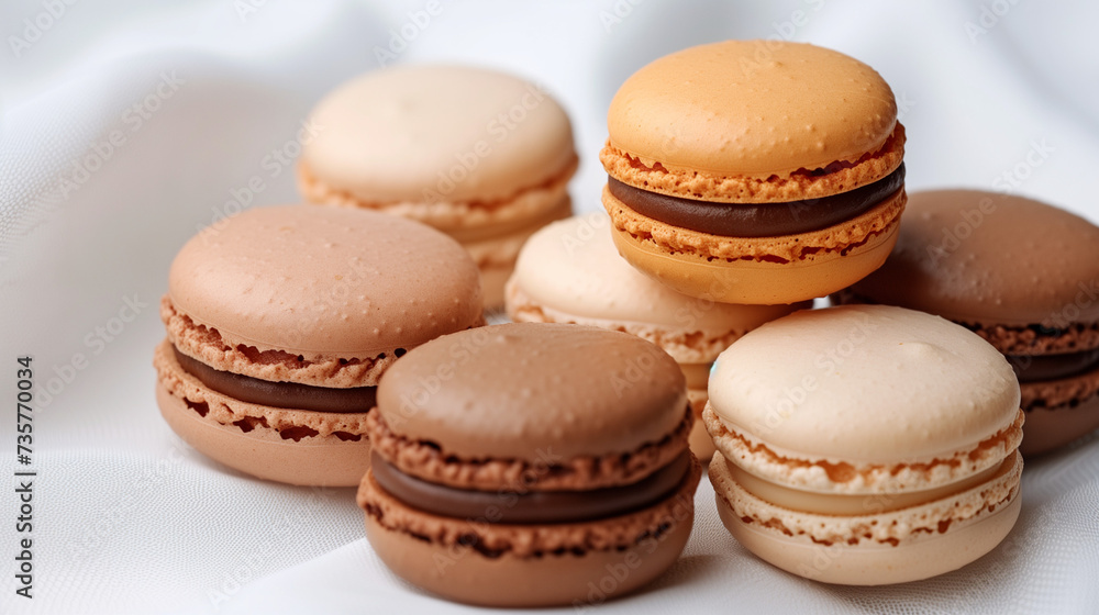 Beige monochrome background with balanced macaroons. Macarons french pastries. Isolated white macarons collection. Vanilla or coconut macaroon at different angles isolated on white background. 