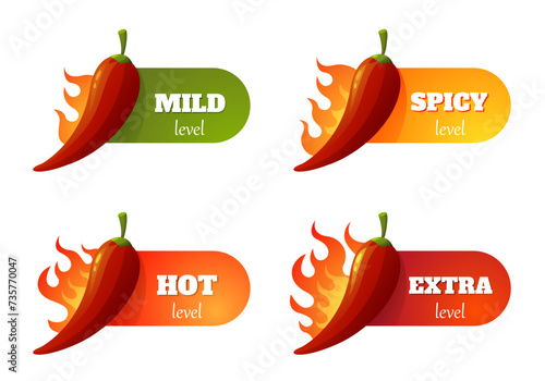 Spicy meter label. Chili pepper scale with different heat level, hot spicy food rating, cayenne pepper sauce logo. Vector isolated set