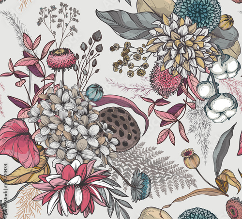 Vector seamless pattern with dried flowers, leaves and branches. Endless floral background