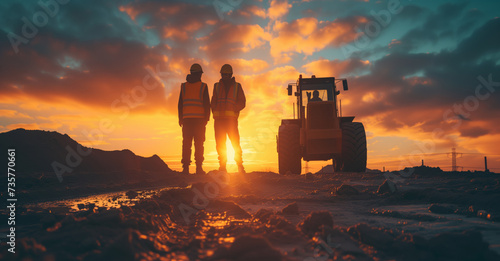 Two workers in safety waistcoats and helmets against the background of sunset and working machinery, excavator tractor photo