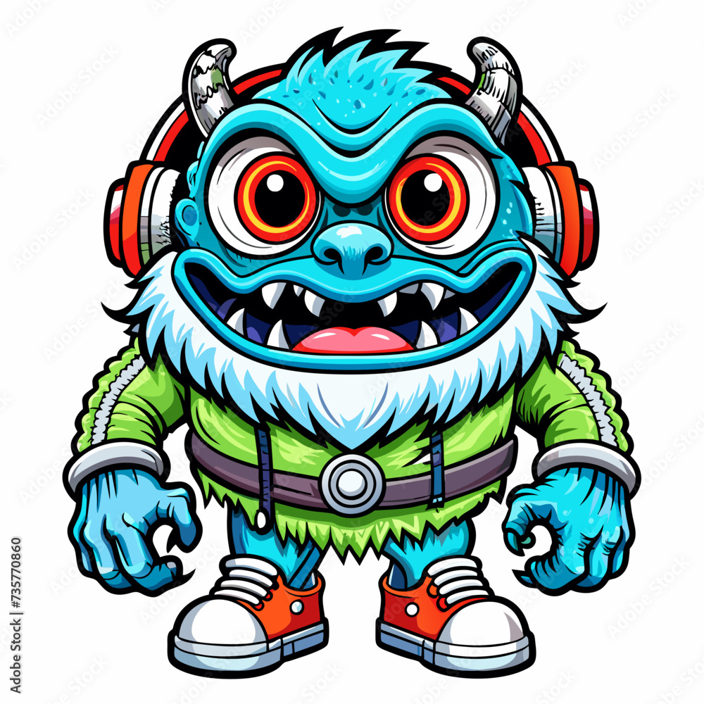 Fototapeta premium Monster, DJ, cute, style , Big eye, Full Human Body, art 90 style, headset, full body, white background