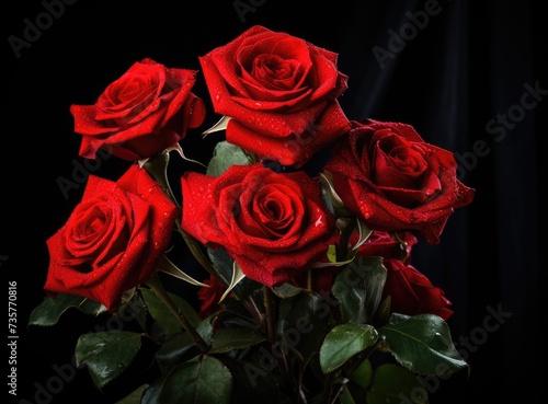 A close-up photograph of a bouquet of red roses with water droplets glistening on their petals.