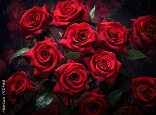 A vibrant bouquet of red roses with lush green leaves arranged beautifully in a vase.