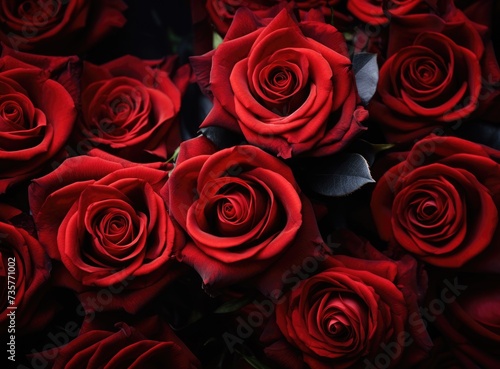 A close-up photo featuring a collection of red roses clustered closely together, showcasing their vibrant color and blooms.