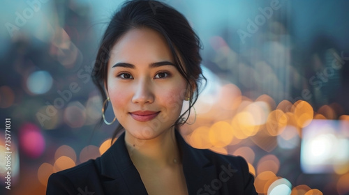 Close-up of a professional woman's portrait, subtle smile, in business attire, with an abstract cityscape blurred background
