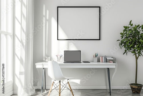 bright room, frame above a white desk with a laptop and a chair © studioworkstock