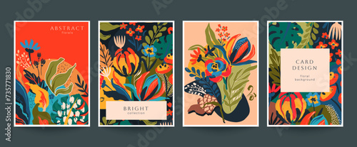 Set of four vector pre-made cards in modern style with nature motifs, flowers and leaves. Templates for your design.