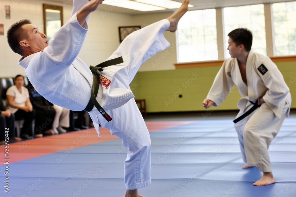 side view of sensei in midthrow technique against student side view of sensei in midthrow technique against student