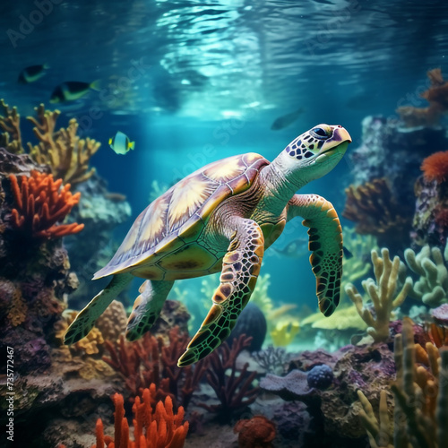 Turtle on the background of reefs.