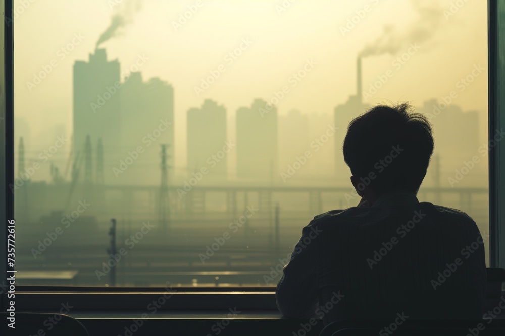 office worker on break, staring at a hazy industrial skyline