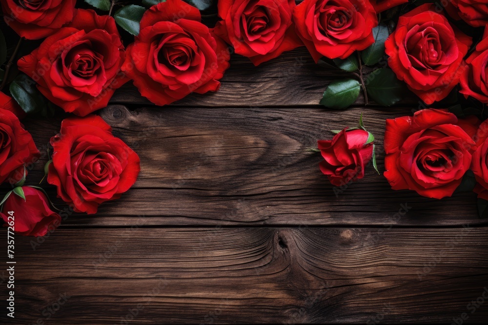 A bunch of vibrant red roses arranged neatly on top of a sturdy wooden table.