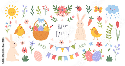 Set of Easter and spring design elements. Rabbit, eggs, chicken, butterfly, tulips, flowers, branches, basket. Perfect for holiday decoration and greeting cards. Vector illustration.
