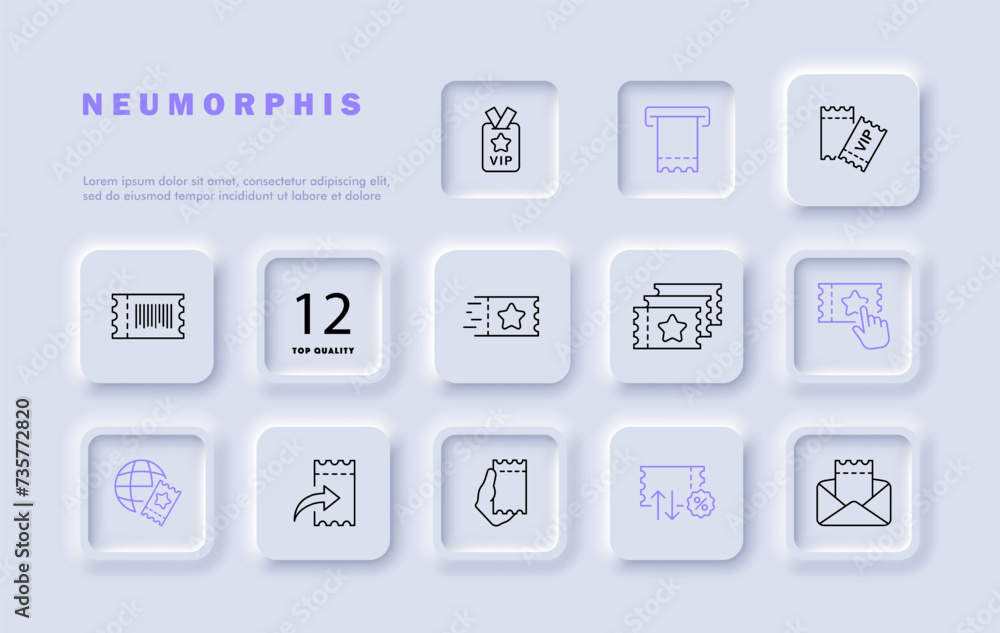 Ticket set line icon. Coupon, victory, VIP status, envelope, discount, sale, fair. Neomorphism style. Vector line icon for business and advertising Ticket set line icon. Coupon, victory, VIP status, envelope, discount, sale, fair. Neomorphism style. Vector line icon for business and advertising