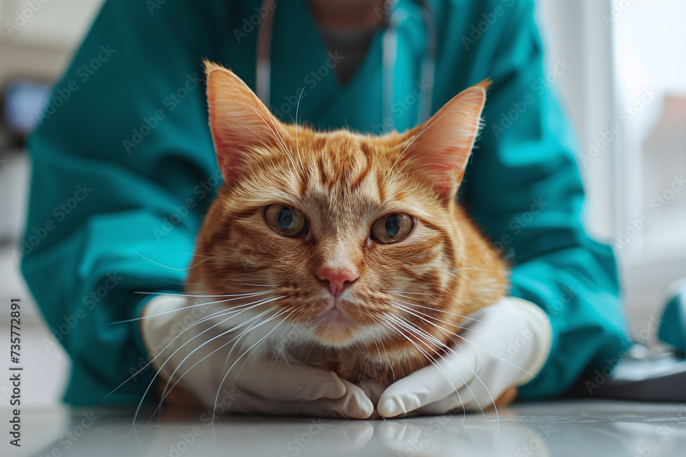 orange domestic cat being examined by a veterinarian in vet clinic., focus on cat, pet healthcare concept orange domestic cat being examined by a veterinarian in vet clinic., focus on cat, pet healthcare concept
