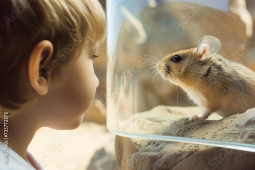 child looking at a gerbil burrowing in a transparent habitat