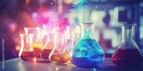 Craft a captivating blurred background for a science laboratory, highlighting students conducting experiments and discovering. © Teerasak