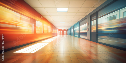 Create a blurred background for a bustling school hallway, capturing the energy and movement of students between classes.