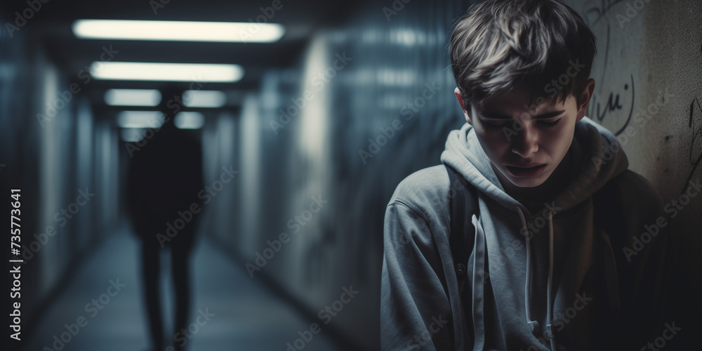 picture of an upset unhappy young person suffering from depression and bullying in dark school corridor picture of an upset unhappy young person suffering from depression and bullying in dark school corridor
