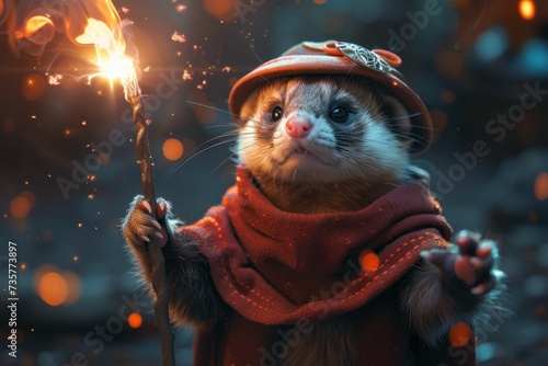 Ferret magician depicted performing enchanting tricks, hat and wand in scene, in whimsical pet art
