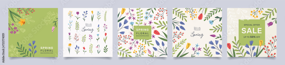 Set of trendy botanical floral backgrounds. Minimalist design with spring flowers, leaves and branches. Vector template for greeting card, banner, poster, invitation, social media post, seasonal sale.