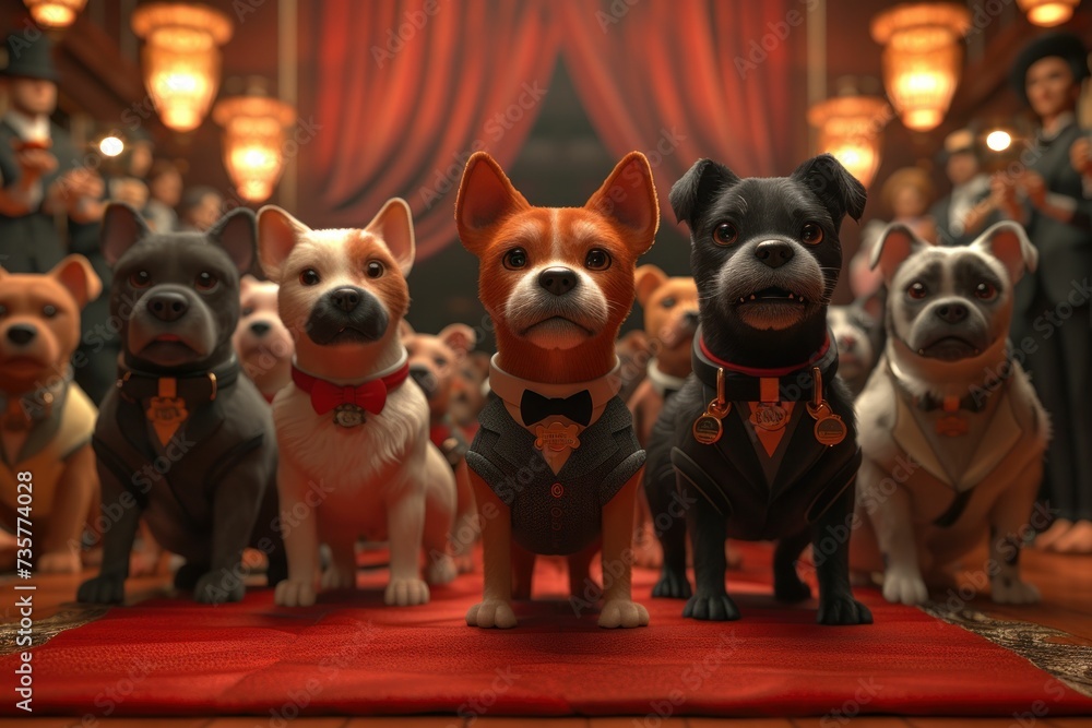 Petfluencers grace the red carpet in formal attire, against velvet curtains and flash photography, in elegant 3D gala scenes