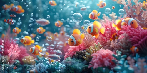 3D cartoon depicts aquatic petfluencers in coral settings, using bubbles and seaweed for a mesmerizing underwater effect © Kanisorn