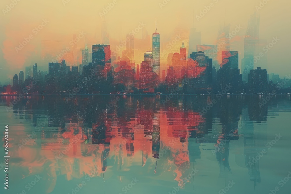 Digital noise infused urban skyline in glitch style, flat design reflecting chaotic urban beauty with a retro-futuristic twist