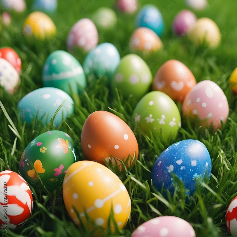 Funny easter eggs in green grass. Cute decoration.