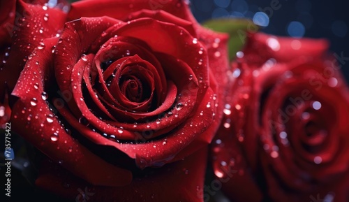 A detailed view of a vibrant red rose with glistening water droplets on its petals.