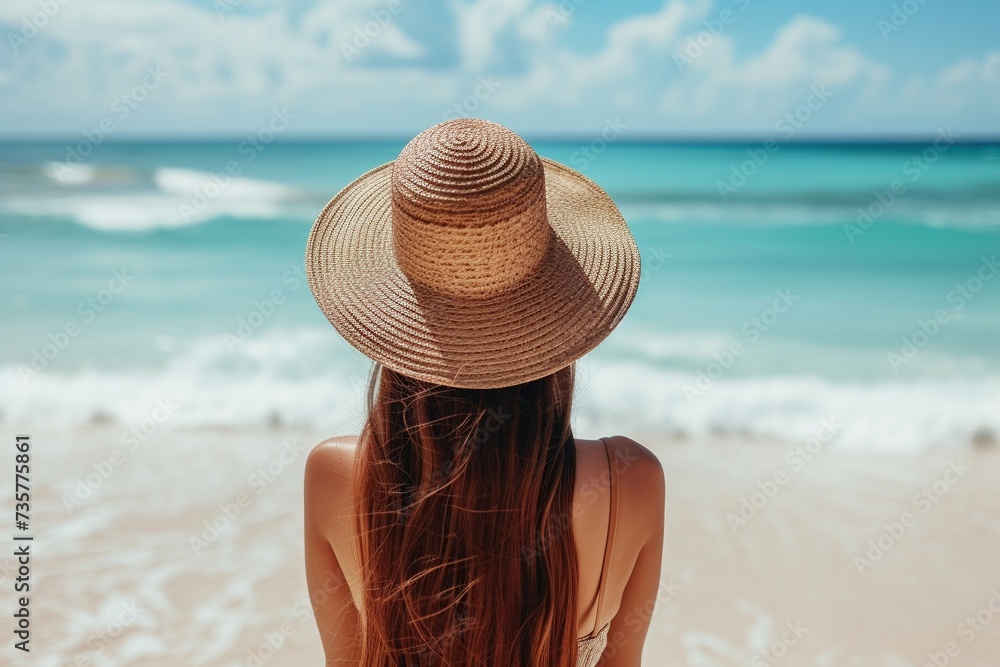 Eine junge Frau mit einem Sonnenhut am Strand im Urlaub 