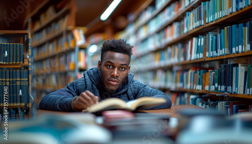 Black american teenager, student reading book and directory in library with bookcases on background. Concept of education. Poetry, poems