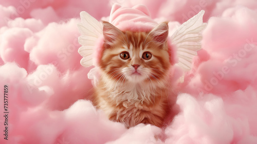 An orange tabby wearing a cupid costume, complete with wings, perched atop a cloud of pink cotton candy. Generative AI illustration 