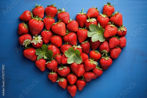A heart-shaped arrangement of fresh strawberries placed on a vibrant blue background, creating a visually appealing contrast.