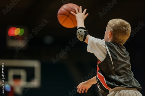 boy with elbow pad taking a threepoint shot