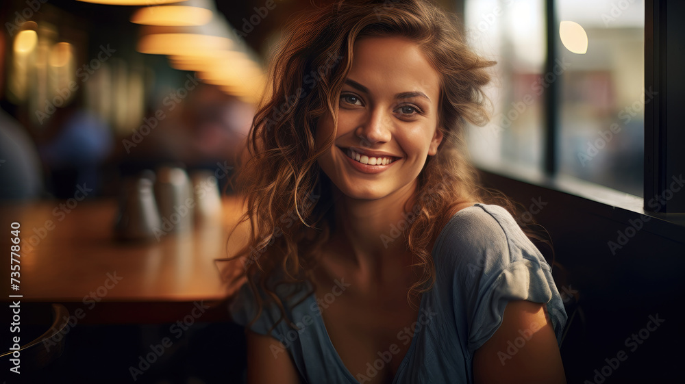 A woman is seen sitting at a table, expressing a joyful emotion with a smile on her face.