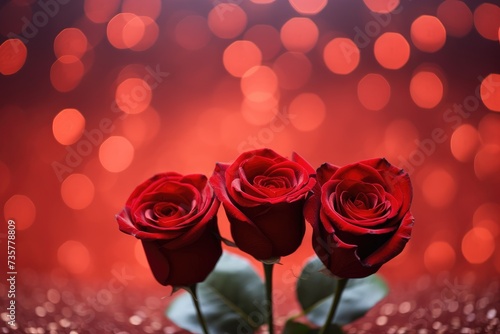 A vase on a table holds three red roses.