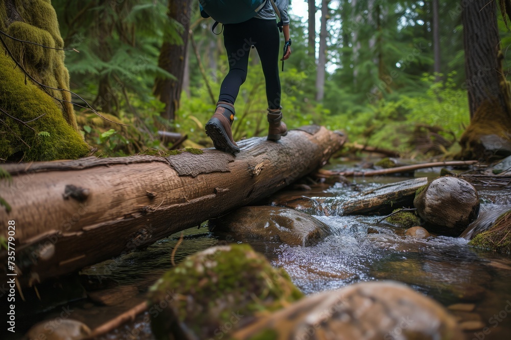 person with backpack crossing a log over a creek person with backpack crossing a log over a creek